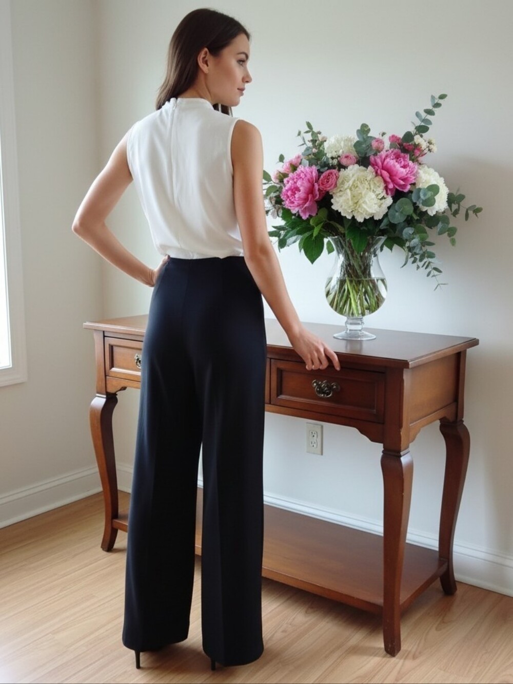 White House Black Market Black Wide-Leg Jumpsuit with White Tie-Neck Top Size 12 - Picture 2 of 8